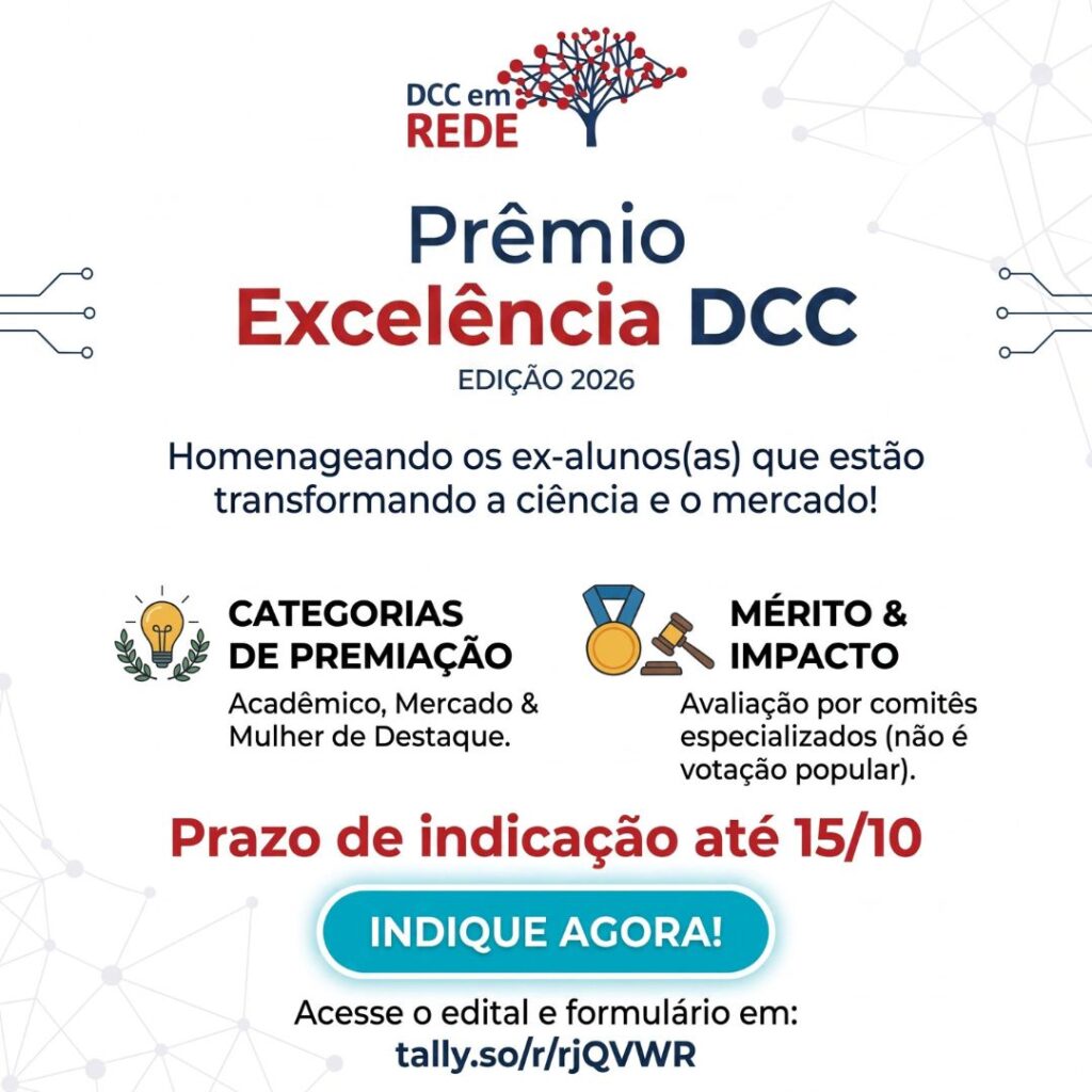Prêmio Excelência DCC 2026: departamento lança premiação para reconhecer ex-alunos que se destacam na Computação
