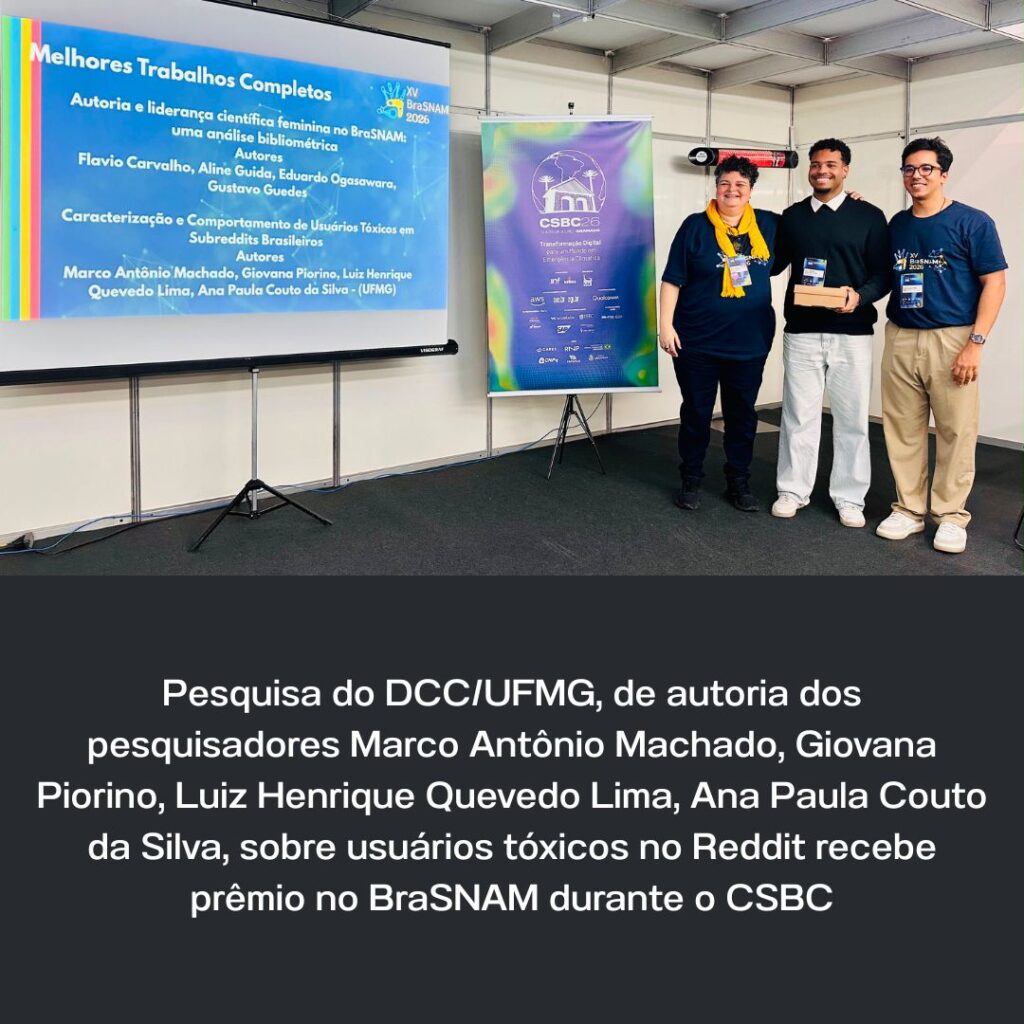 Pesquisa do DCC sobre usuários tóxicos no Reddit recebe prêmio no BraSNAM durante o CSBC