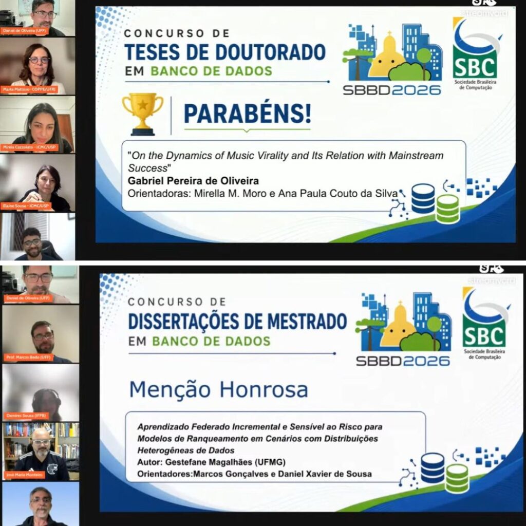 Pesquisas do DCC conquistam primeiro lugar no doutorado e Menção Honrosa no mestrado no SBBD 2026