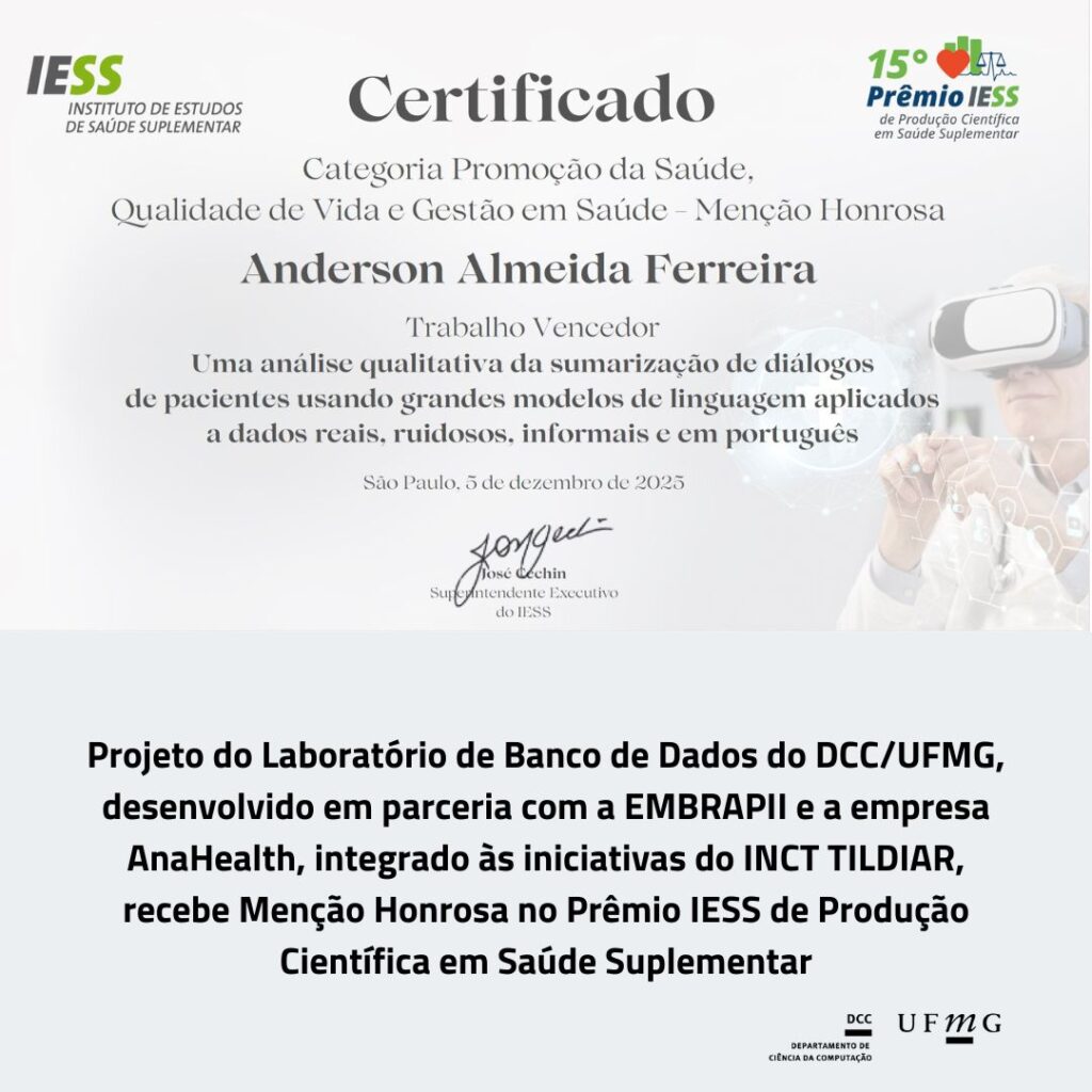 Pesquisadores do DCC/UFMG e instituições parceiras recebem Menção Honrosa em prêmio nacional de saúde suplementar